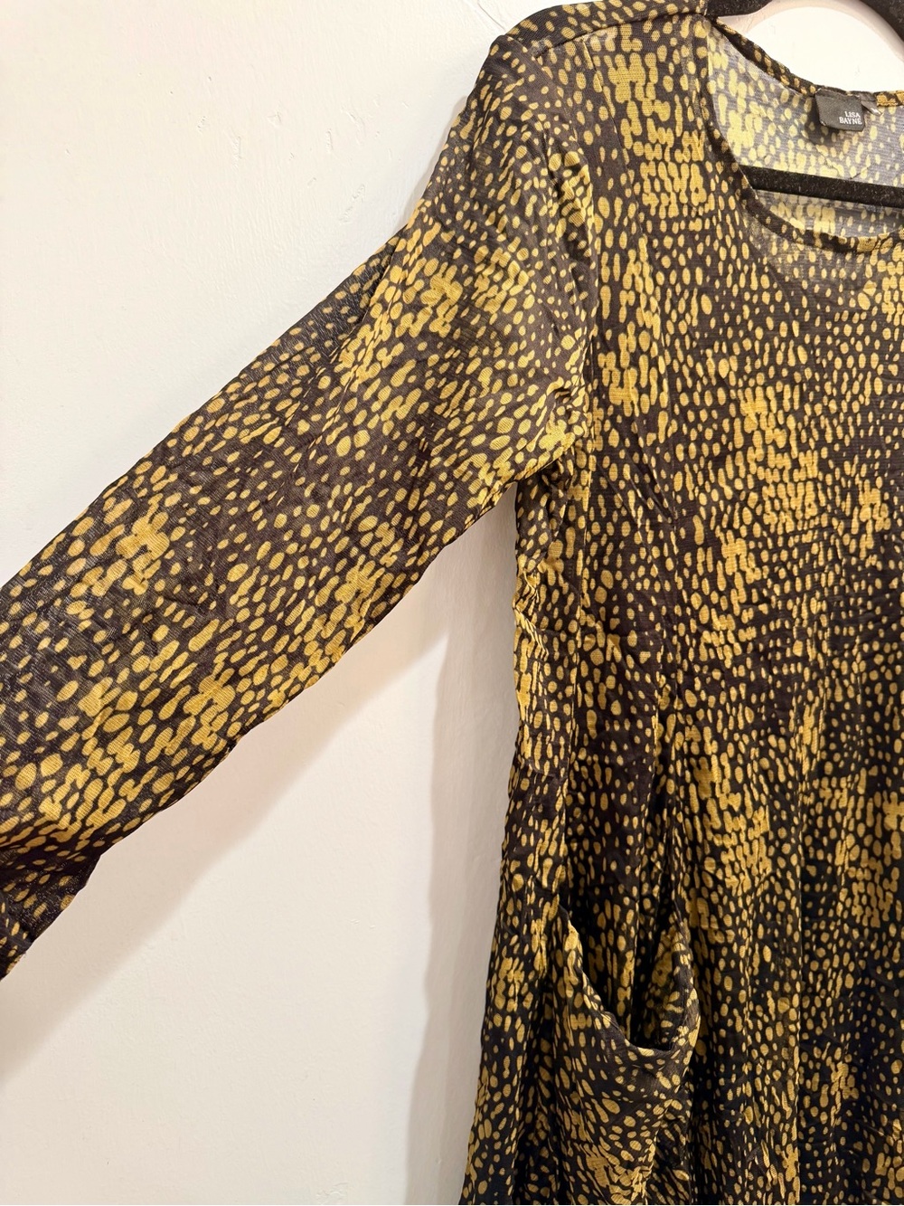 Lisa Bayne Crinkled Mesh Asymmetric Hem Dress Black Gold Dot Lagenlook Medium - Picture 7 of 14